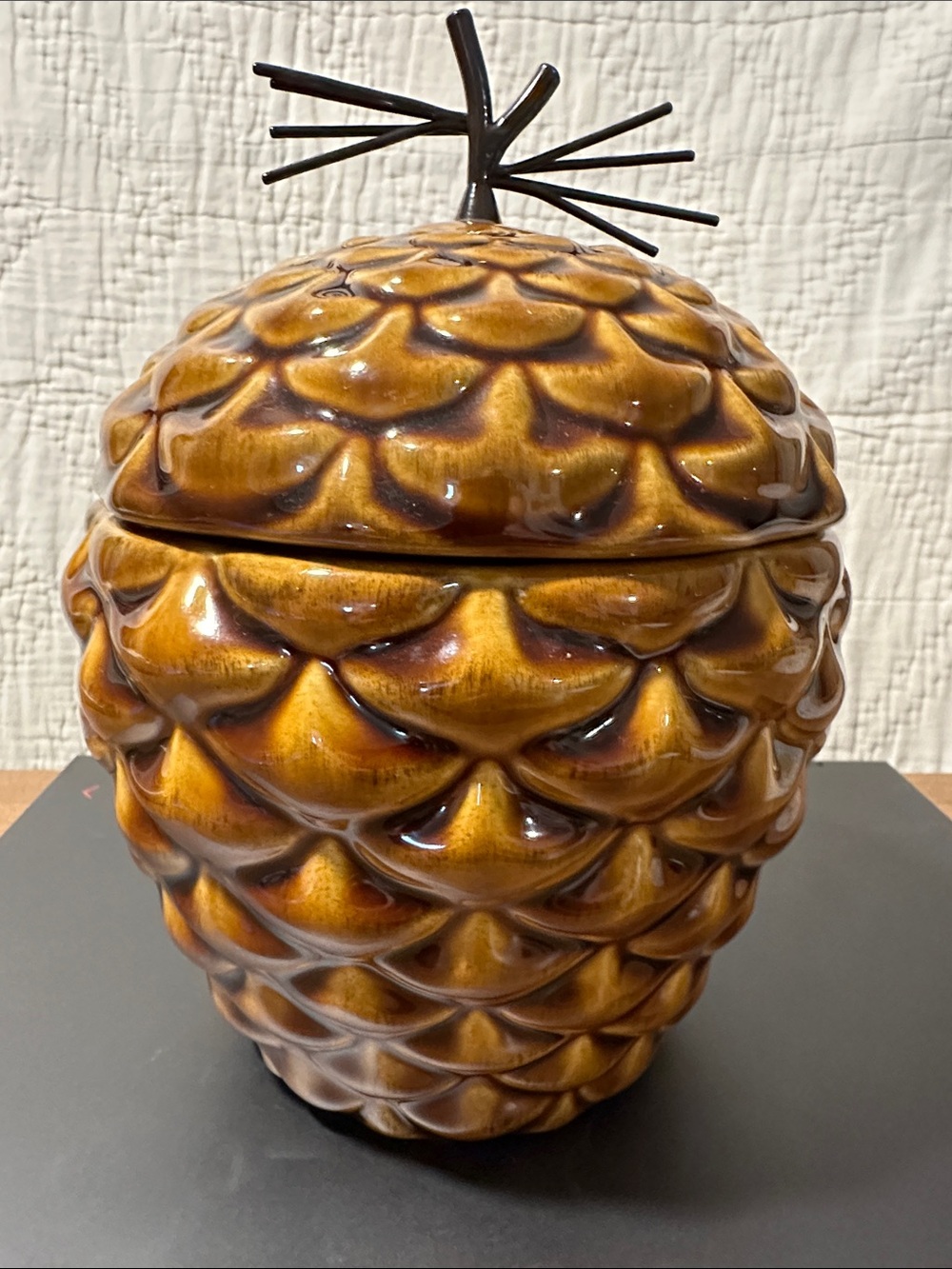 Crate&Barrel Amber Brown Pinecone Ceramic Jar with Metal Stem Lid
